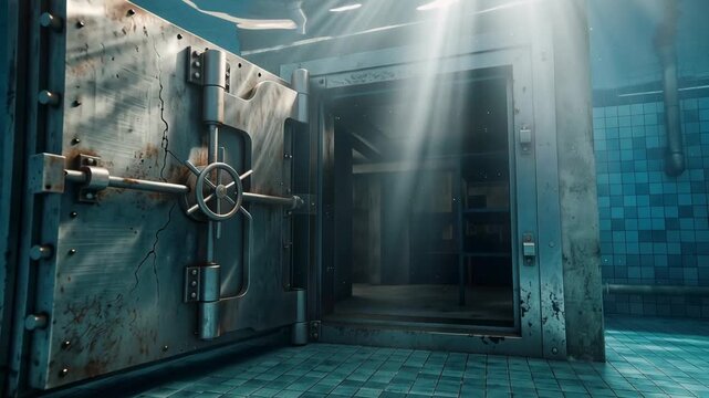 Slow motion tracking shot of vault door slowly opening in submerged tiled pool room with sunlight rays penetrating water revealing rusty metal safe interior