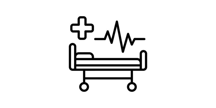 Medical hospital bed line icon with heartbeat monitor for healthcare.