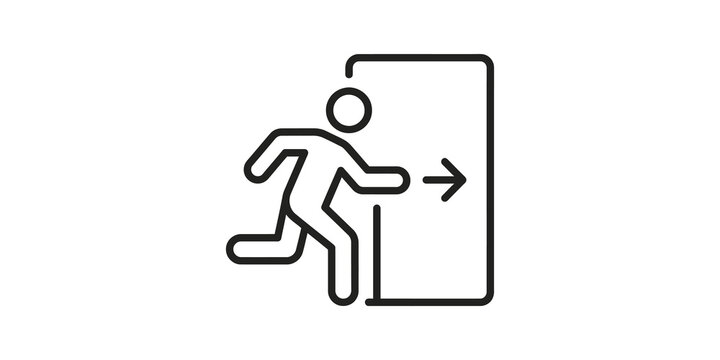 Emergency exit line icon sign showing running figure going out door.