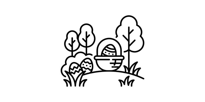Easter egg hunt basket in forest glade outline vector illustration.