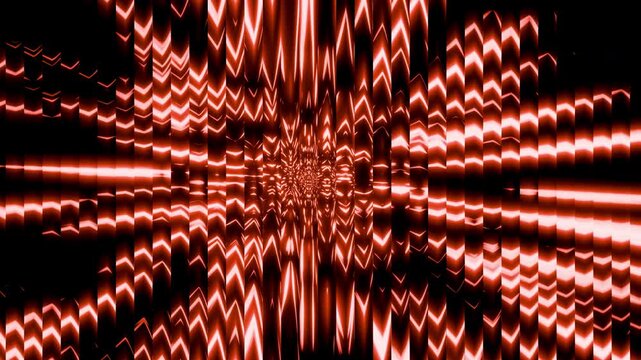 Fiery red chevron patterns expand outward behind ribbed glass. The intense glowing reflections form a captivating optical backdrop.