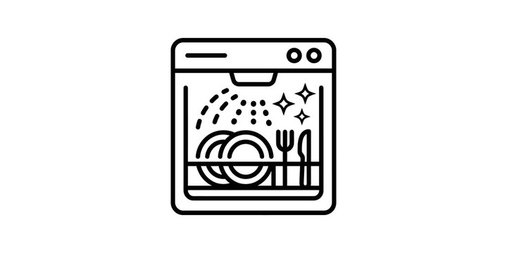 Kitchen dishwasher machine with clean dishes line vector graphic icon.