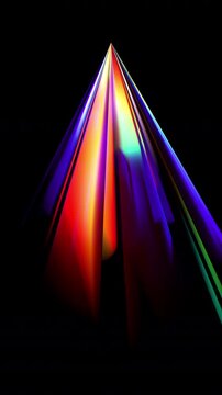 Rotating prism bends light into spectral rays. Colorful beams stretch across black space with glowing edges. Rotating crystalline geometric with burst of rainbow light. Seamless loop 4K vertical video