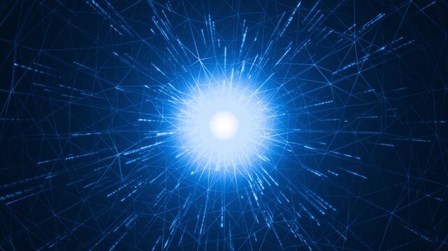 Abstract Blue Dynamic Big Data Network Mesh With Glowing Light Burst and High Speed Cyber Technology Particles Loop
