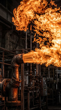 Intense flame erupting from a rusty industrial pipe, symbolizing power, danger, and industrial processes, suitable for energy or heavy industry themes