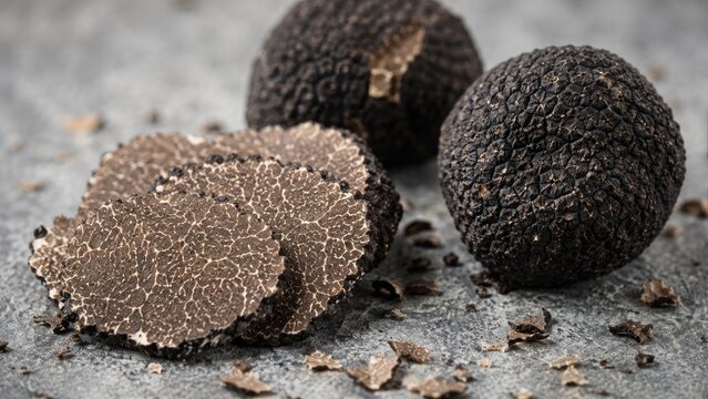 Whole and sliced black truffles on a rustic surface, showing dark textured exterior and marbled interior