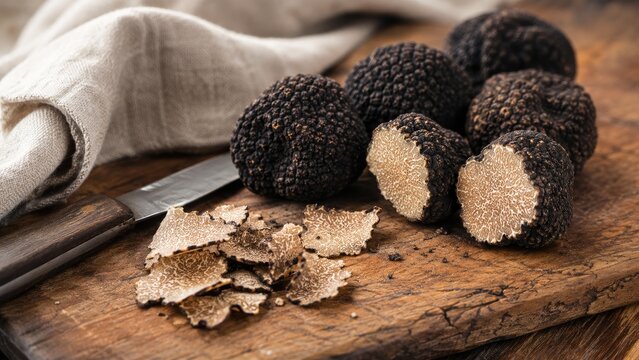 Black truffles whole and sliced on a rustic wooden board with a knife and linen, a gourmet earthy ingredient for fine dining
