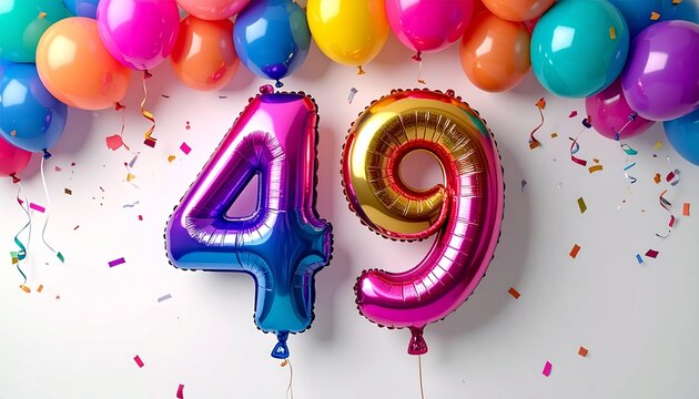 Colorful 49th Birthday Celebration with Foil Balloons and Confetti