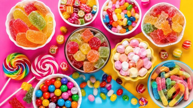 Vibrant assortment of colorful candies and sweets in bowls, including gummies, jellybeans, lollipops and marshmallows on a bright pink and yellow background