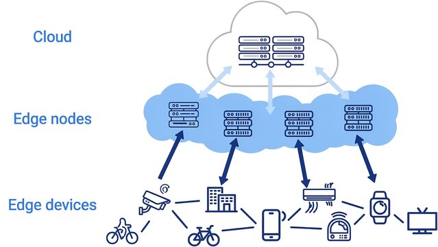 Edge computing network diagram illustrating data transfer from smart devices to cloud