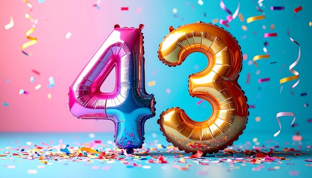 Festive Number 43 Metallic Balloons Surrounded by Colorful Confetti