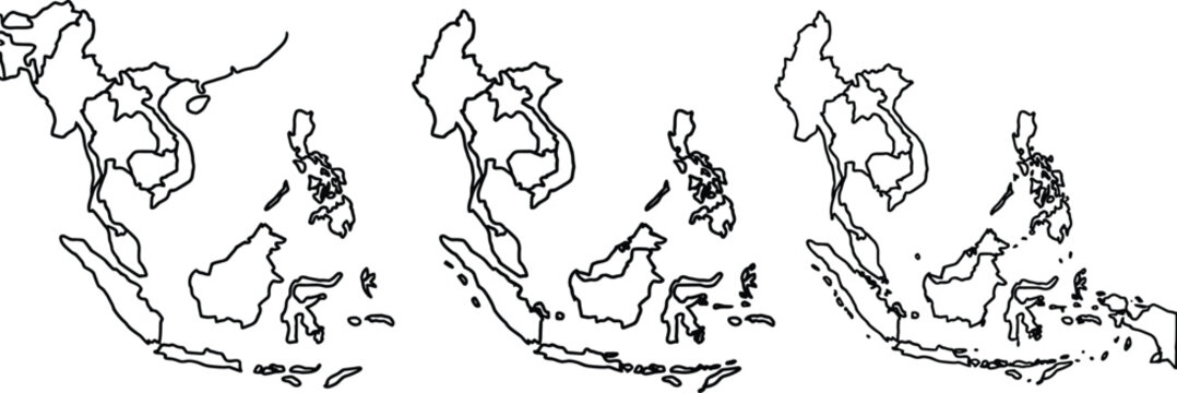Southeast Asia Map Icon Set with Country Borders and Outline Illustrations for Geography, Travel, and Education Designs