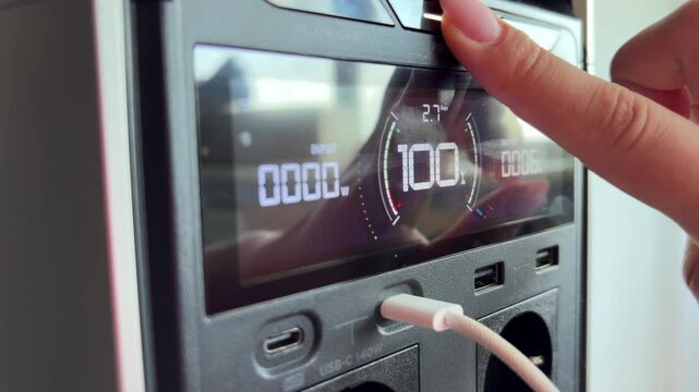 Portable power station unplugging a usb c cable from the charging port, with a digital display showing the battery status and shutting down the electrical device