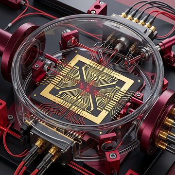 A high tech computer processor chip with intricate gold circuitry encased in a transparent glass sphere surrounded by complex red wiring and electronic hardware components