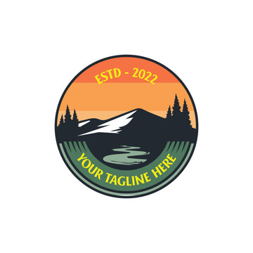 Vintage Retro Mountain Adventure Sunset Badge Pine Forest Emblem Vector