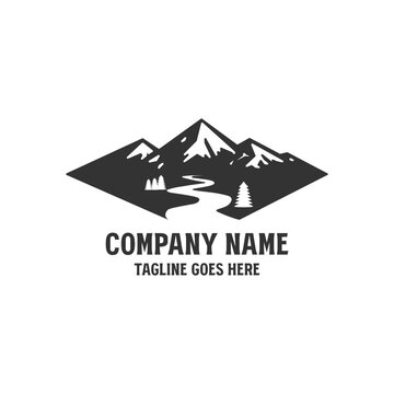 Black Silhouette Mountain Range River Pine Tree Landscape Logo Vector