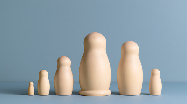 Minimalist composition of blank wooden peg dolls of various heights arranged in a row against a solid cool blue background for concept