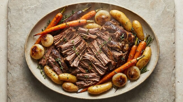 Slow cooked beef roast with roasted carrots and potatoes on a round plate for a healthy dinner meal