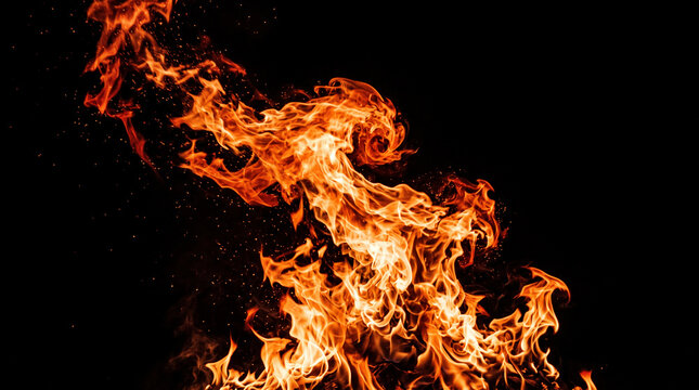 Intense orange and red flames flicker against a black background, with small embers scattered throughout, symbolizing power and energy, suitable for abstract or dramatic concepts