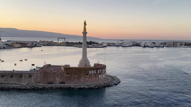 View from Cruise Ship of Madonna della Lettera in Messina at Sunrise