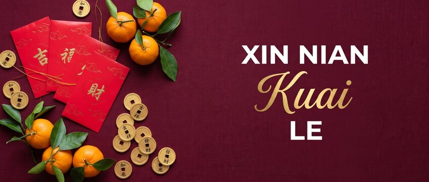 Chinese New Year Red Envelope Mandarin Oranges Gold Coins Flat Lay Background with Xin Nian Kuai Le Text, Lunar Holiday Celebration Banner with Copy Space for Festive Spring Festival Prosperity Greeti