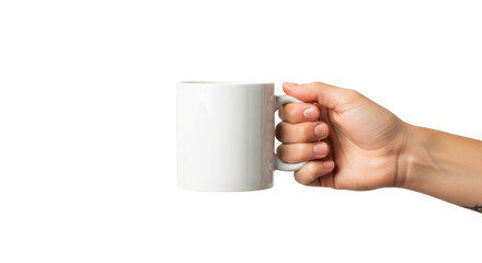 Hand holding a plain white ceramic coffee mug on white background