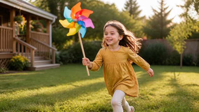 Girl joyfully running with a pinwheel in a sunny backyard