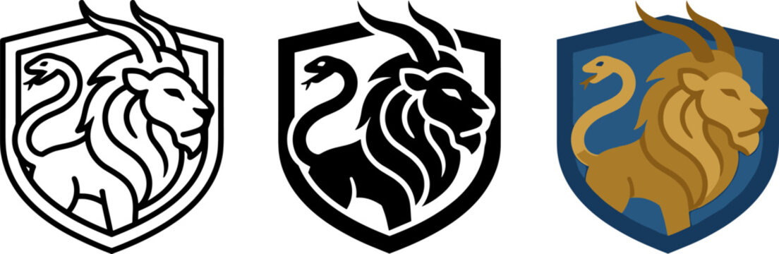Lion and snake chimera emblem in shield vector set