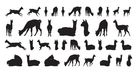 Fototapeta premium isolated alpaca silhouettes in playful motion, varied poses showing grazing, standing, jumping and resting across compact grid, strong black shapes for modern decor and craft projects
