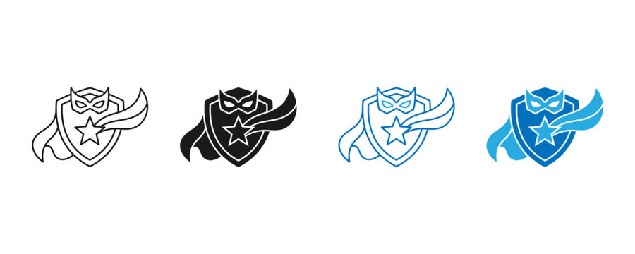 Set of four superhero shield icons with mask and cape in outline, solid, and blue styles vector illustration