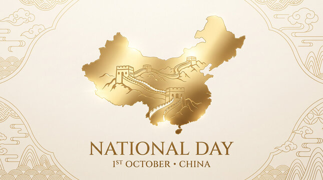 Elegant China National Day poster with golden map and Great Wall.
