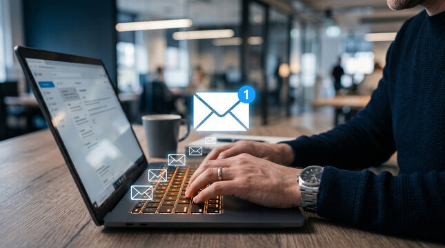 A man's hands type on a laptop with glowing keyboard, emails icons appear, symbolizing digital communication and connection.