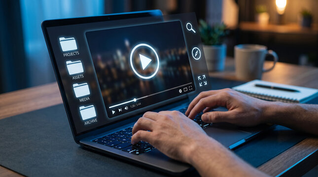 Laptop screen displaying video player interface with file folders, symbolizing digital organization and content creation for modern work.