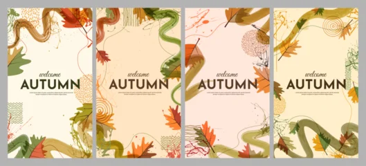 Editable vector illustration. Bright background with watercolor brush strokes, oak leaves and hand drawn doodle elements. Trendy color design for flyer, voucher, coupon, advertising. Autumn style © VVadi4ka