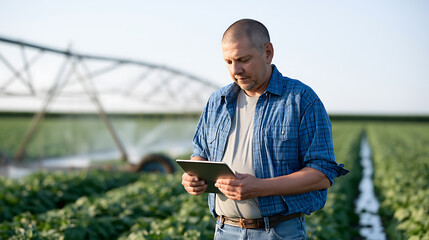 Fototapeta premium A mature male farmer stand in a green crop field at sunset and look at a digital tablet device for smart agriculture business management