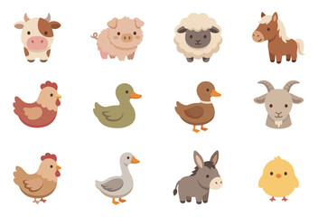 Obraz premium Cute farm animal icons collection featuring domestic livestock