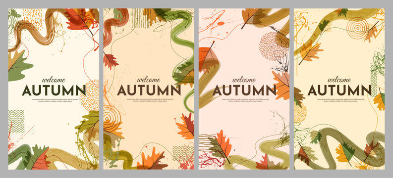 Editable vector illustration. Bright background with watercolor brush strokes, oak leaves and hand drawn doodle elements. Trendy color design for flyer, voucher, coupon, advertising. Autumn style