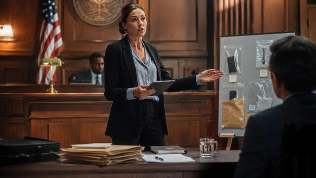 Female attorney presenting evidence and arguing at a courtroom trial beside an exhibit board, with judge's bench and United States flag in a wood-paneled courtroom