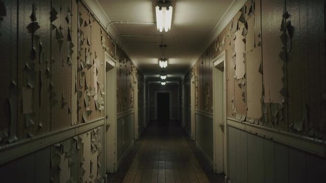Camera moves through dark abandoned hallway with peeling wallpaper and flickering lamps. Old dilapidated corridor with doors. Horror atmosphere, mystery and fear concept, haunted house interior