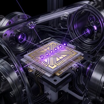A high tech quantum computer processor chip illuminated by purple laser beams inside a complex laboratory cooling system for advanced scientific research and data computing