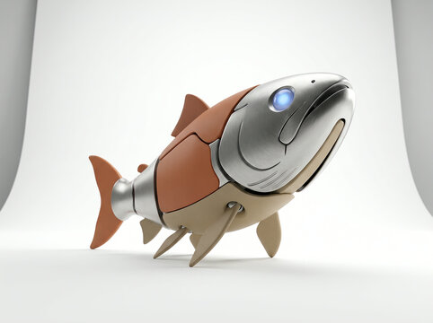Robotic fish sculpture standing on a white reflective studio table surface