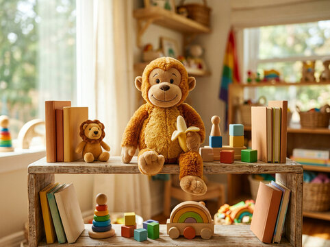 Plush monkey with a banana on a playroom shelf of wooden toys and books