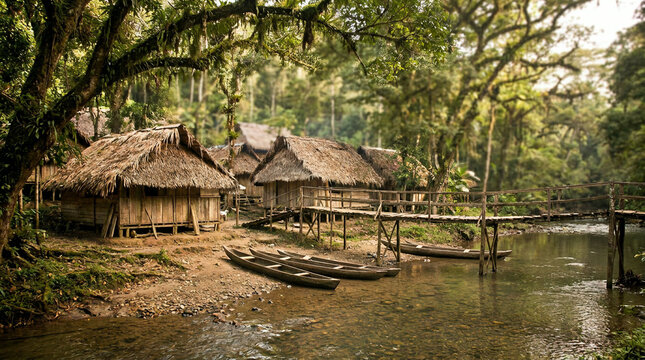 Thatched stilt huts and dugout canoes on a green rainforest river bank