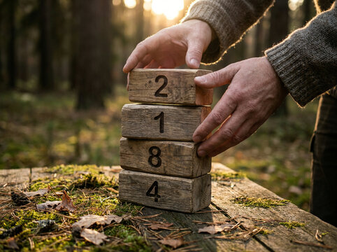 Hands holding stacked number blocks on a mossy log in a golden lit forest