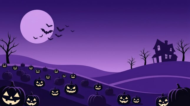 A spooky halloween landscape featuring a glowing full moon bats flying over a haunted house and many carved jack o lanterns