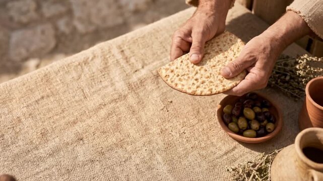 High angle of breaking unleavened bread and sharing food at a biblical table