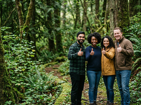 Four hikers giving thumbs up together in a sunlit green forest in soft muted tones