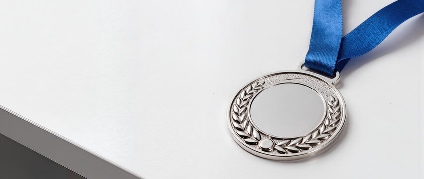 Employee awards milestone medal with blue ribbon on white surface