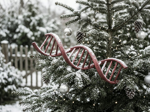 Painted wooden DNA ornament dusted with snow on a decorated evergreen tree