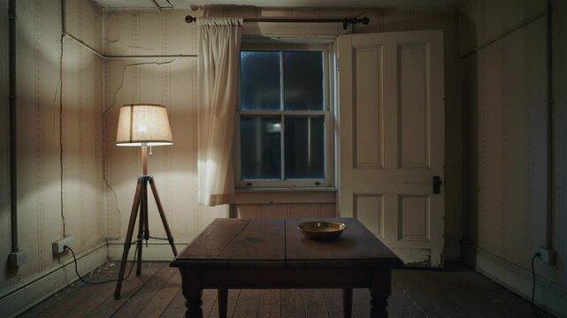 Old empty room at night with glowing tripod lamp, wooden table, bowl and window with curtain, dark hallway appears behind open door. Haunted house mystery and horror atmosphere concept